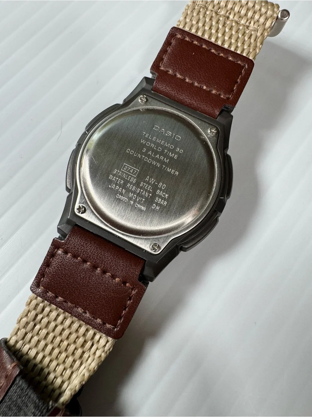 Casio Telememo AW80V-5BV Illuminator Brown Leather and Nylon Hook & Loop Strap